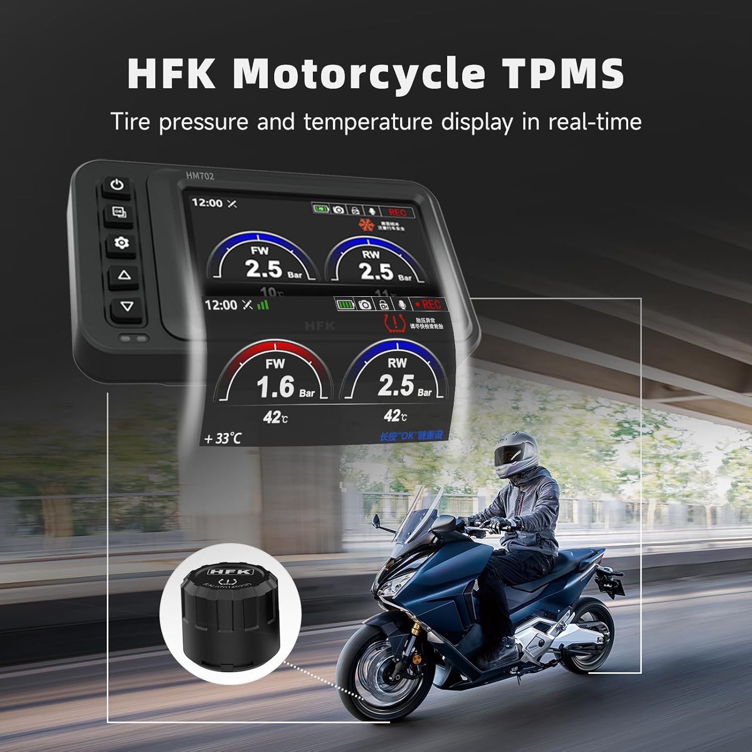 HFK T100Mini Tire Pressure Monitoring System – Wireless TPMS for Motorcycles