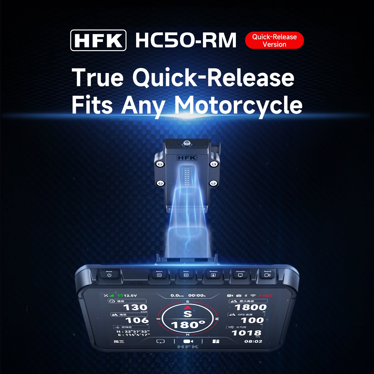 HFK HC50-RM Smart Motorcycle CarPlay GPS with Quick-Release & Dash Cam (Basic Kit)